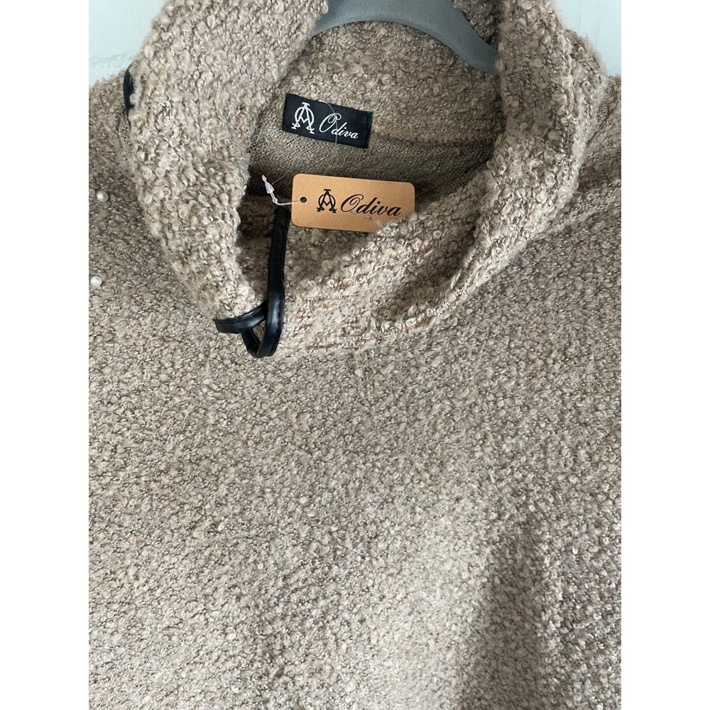 NWT Odiva Women Beige Boucle Knit Pearl Embellished Poncho Cowl Neck - Picture 6 of 8